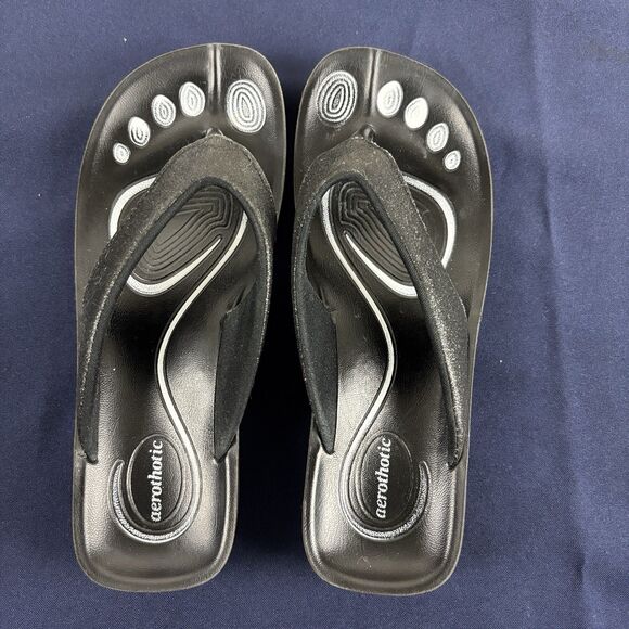 Aerothotic Black Sparkle Glitter Thong Sandals Rubber soles Size 7/37 - Picture 1 of 7